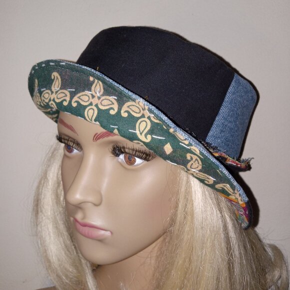 Kantha & Denim Bucket Hat Reversible Black Dark Green Red Patchwork BHAT14. - Picture 5 of 7